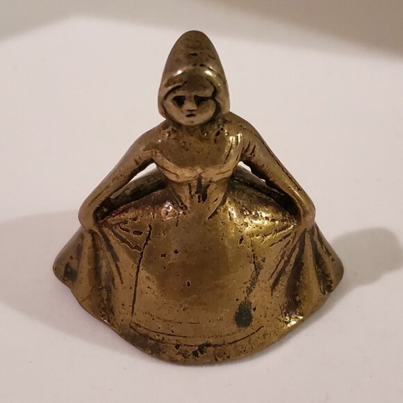 Vintage Antique Brass Bell Lady In Apron & Bonet Holding Dress 2.5'' Tall - Picture 1 of 7